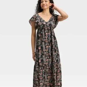 Universal Thread Women's Flutter Sleeve Maxi A-Line Dress Black Floral XS